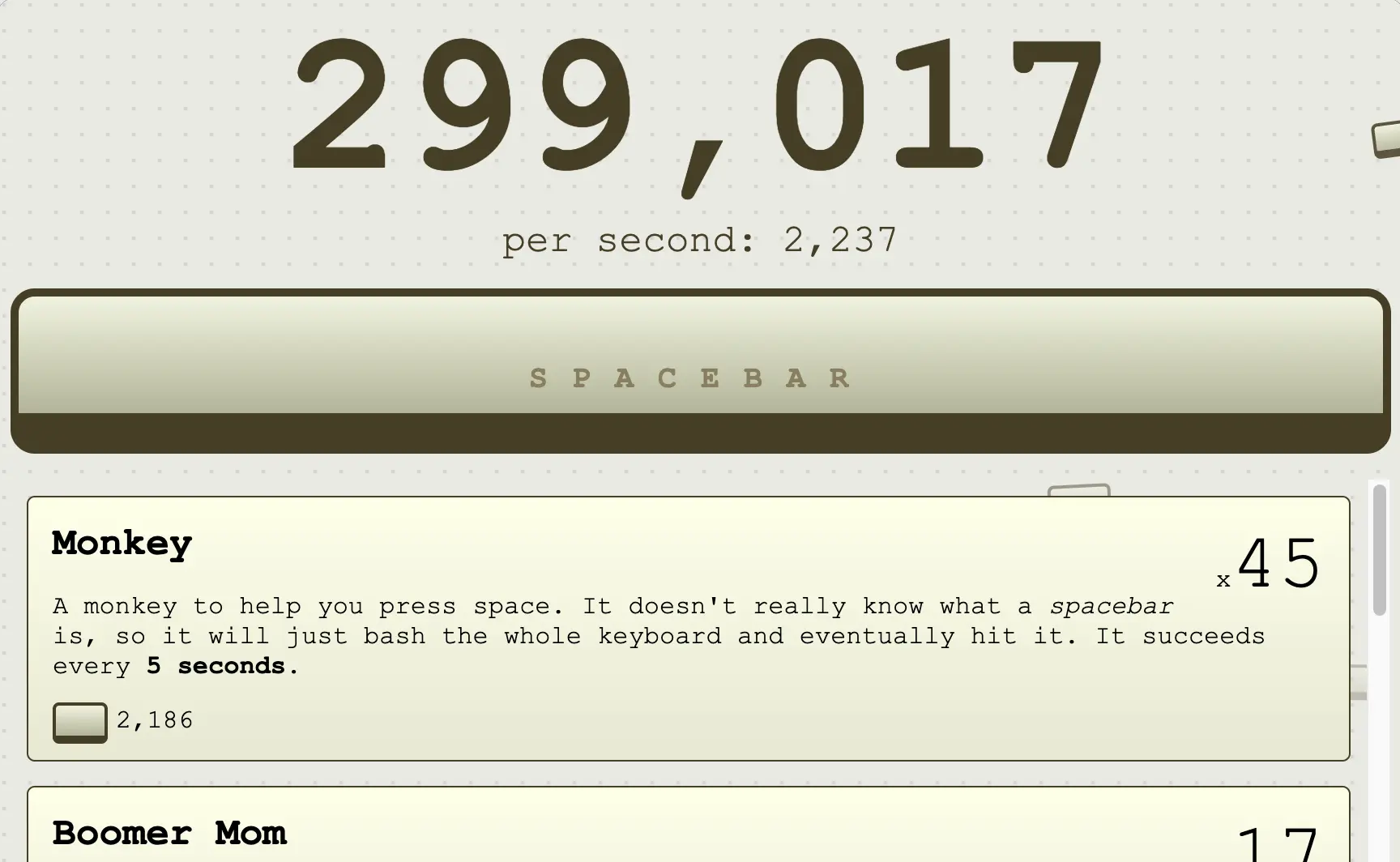 Spacebar Clicker gameplay screenshot showing a score of 299,017 with Monkey and Boomer Mom upgrades active